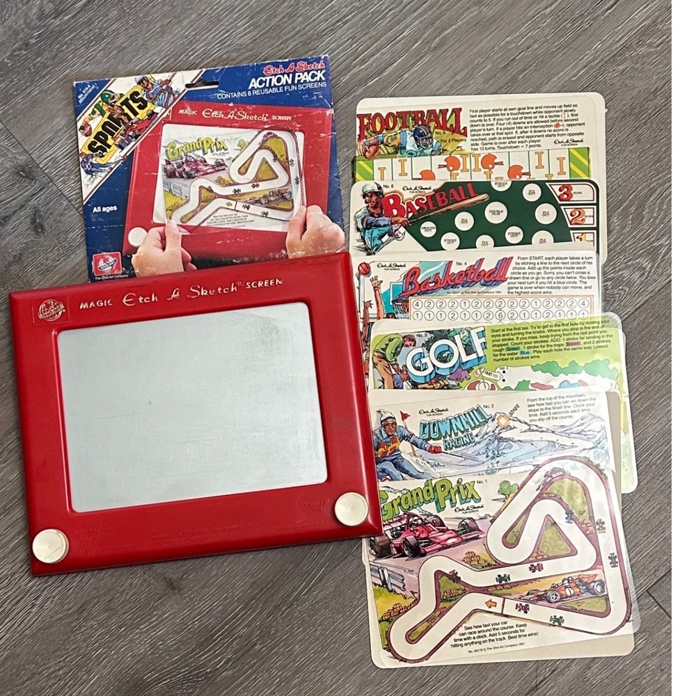 Vintage Ohio Art Etch A Sketch Red Screen with 1981 Sports Action Pack 6 Screens